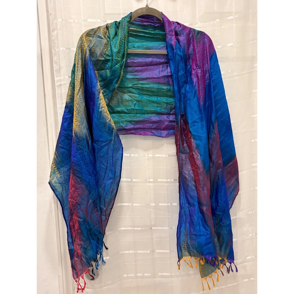 Cejon 100% Silk Scarf Jewel Tone Tie Dye Metallic Gold Jacquard Fringe Wrap